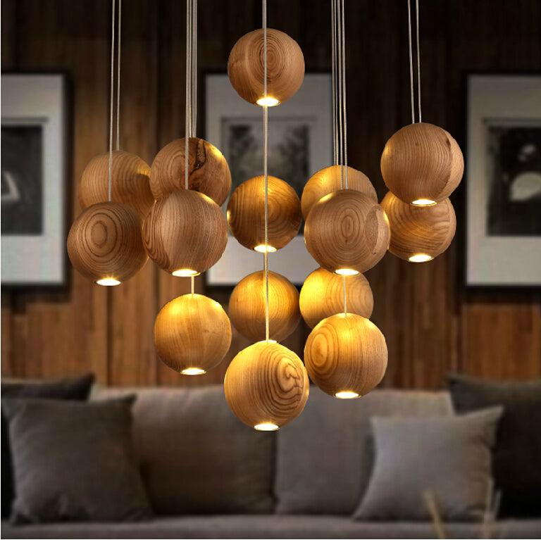 Wooden Orb Sphere Cluster Chandelier