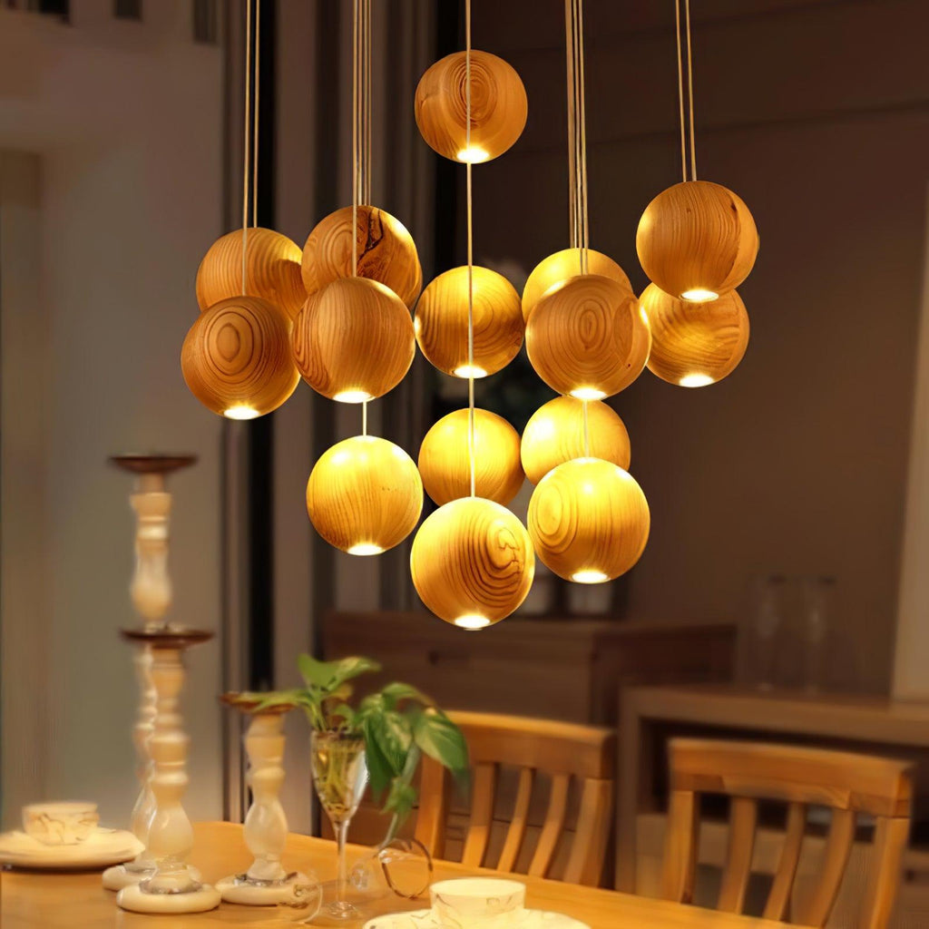 Wooden Orb Sphere Cluster Chandelier