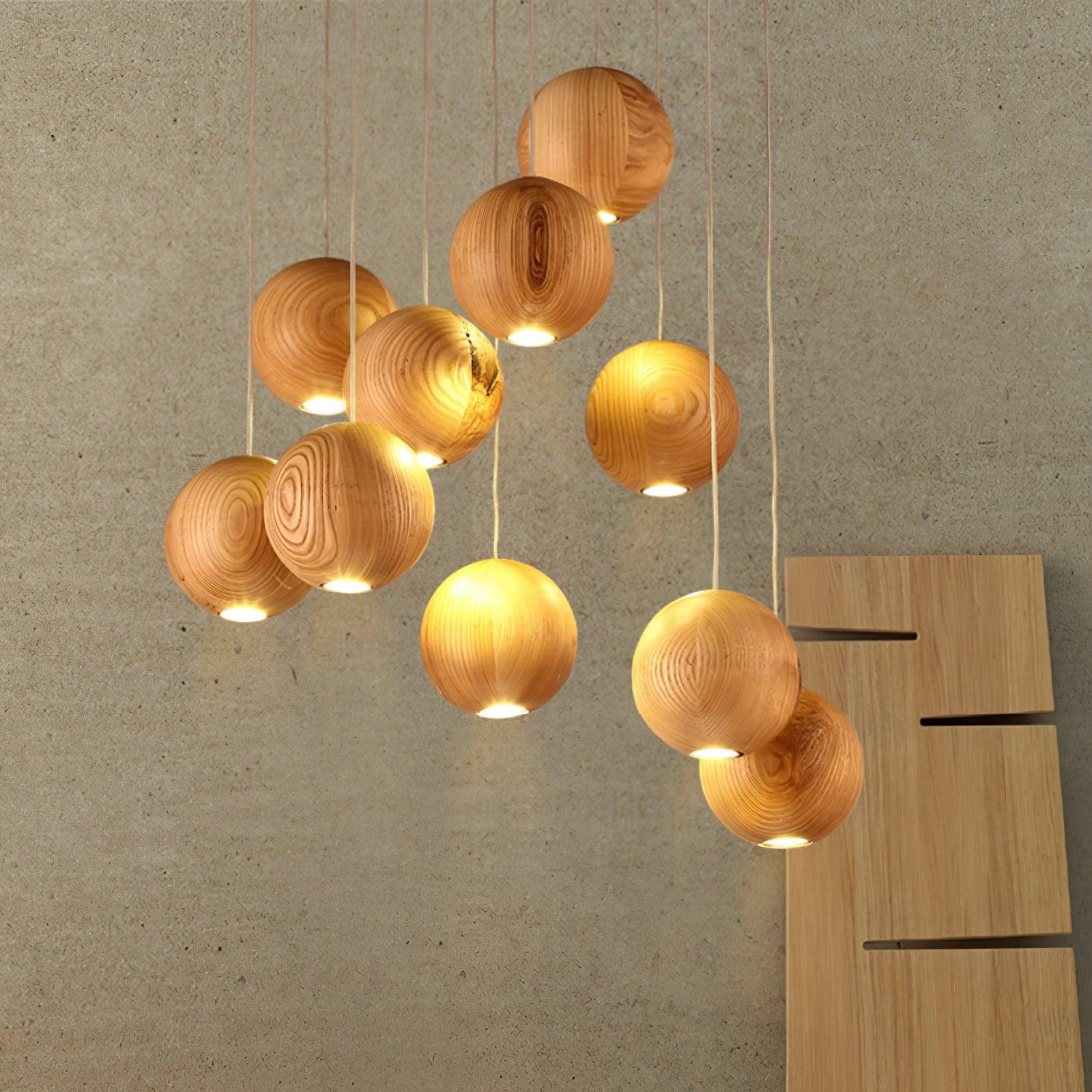 Wooden Orb Sphere Cluster Chandelier
