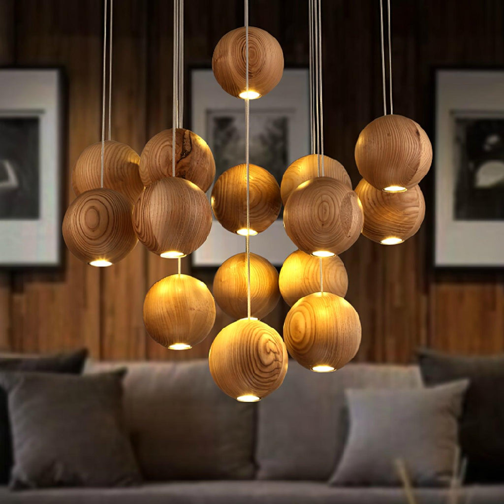 Wooden Orb Sphere Cluster Chandelier